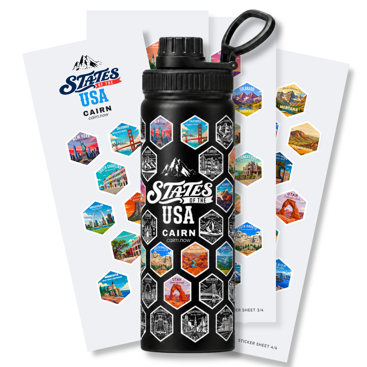 50 States bucket list water bottle in black with state stickers