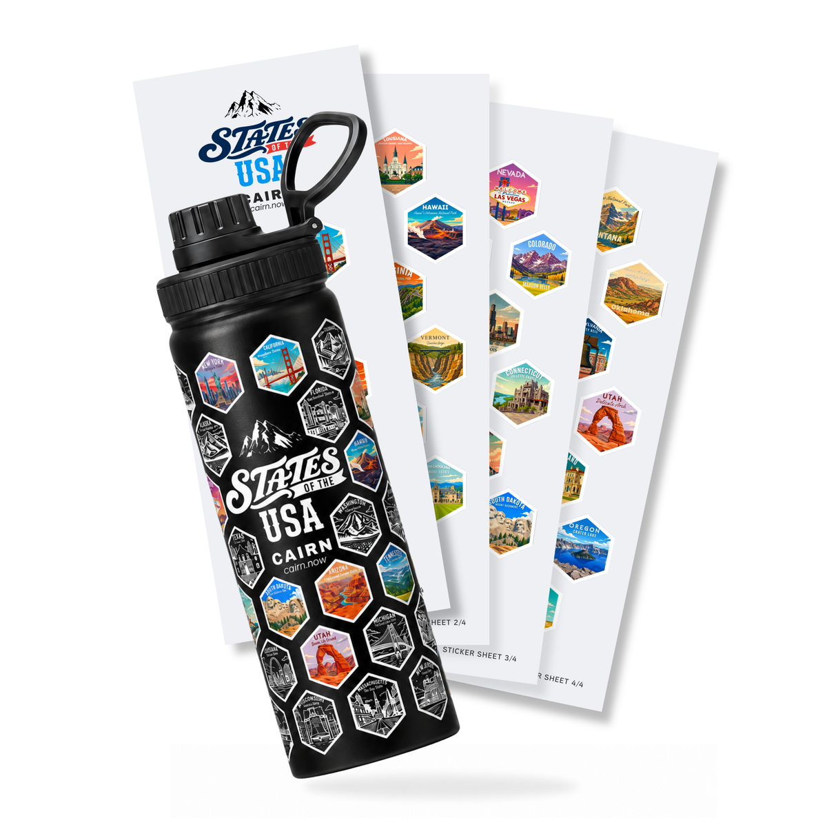 50 States bucket list water bottle in black with state stickers