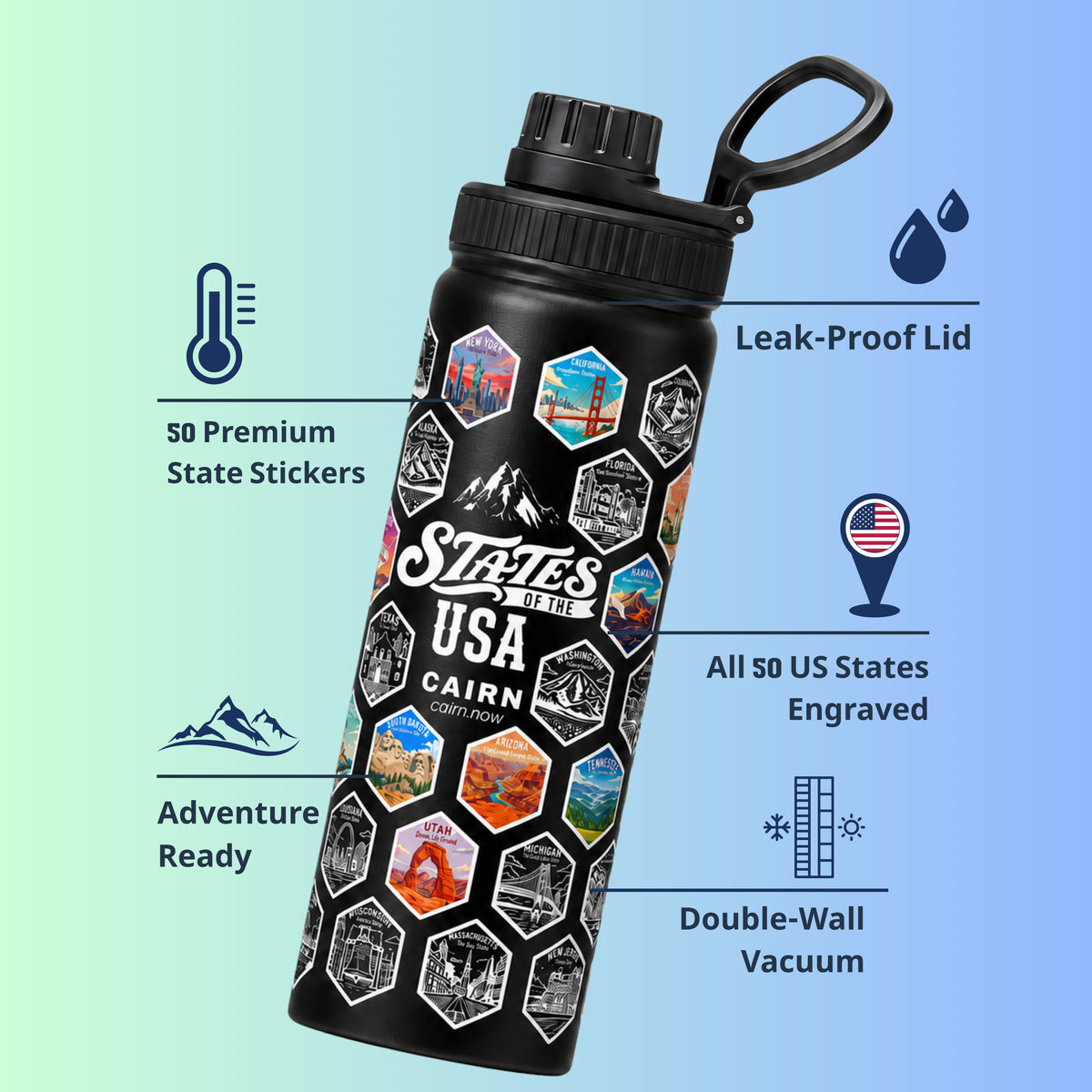 50 States bucket list water bottle in black with state stickers