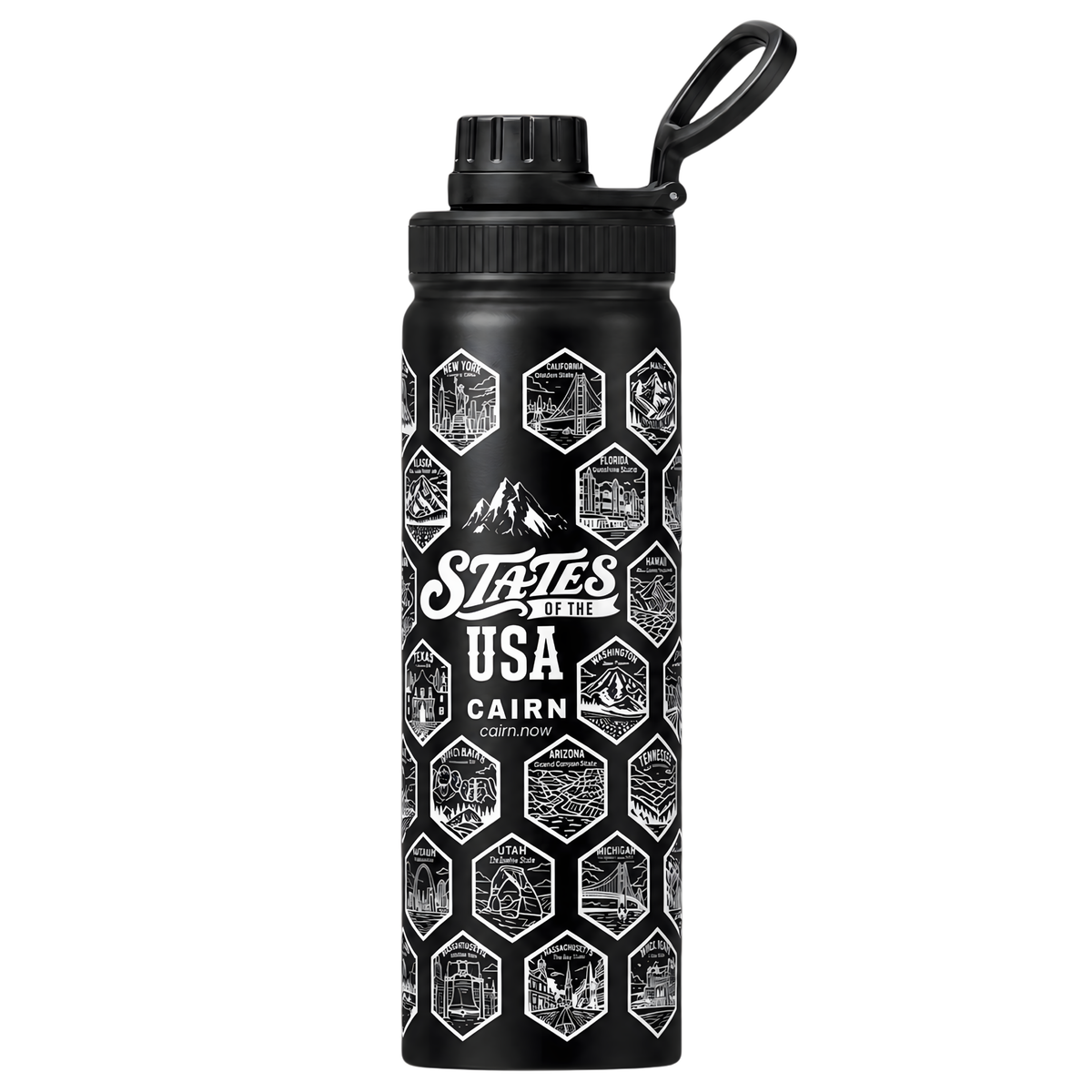 50 States bucket list water bottle in black with state stickers