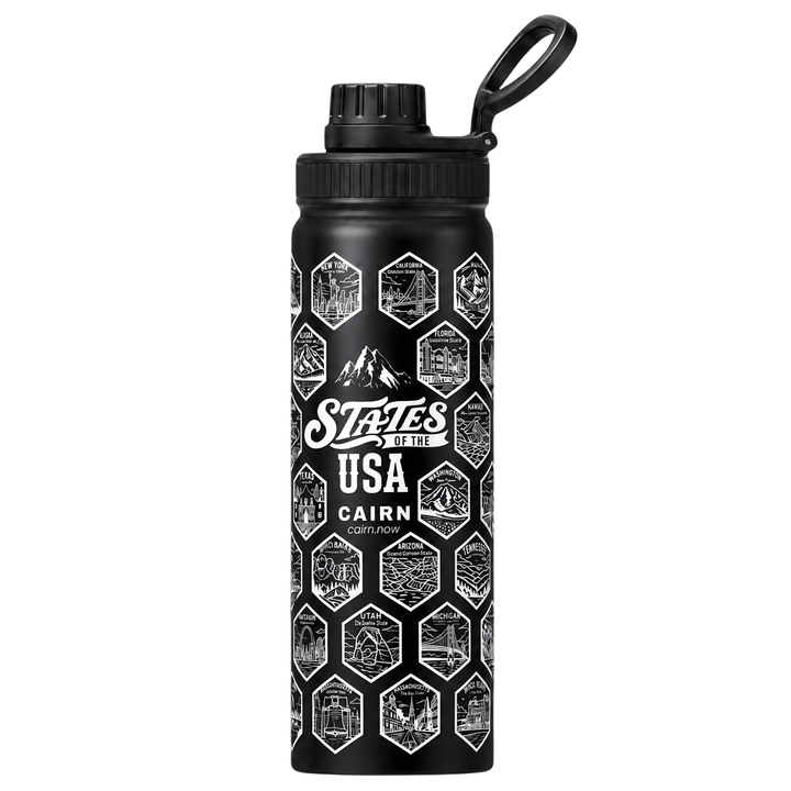 50 States bucket list water bottle in black with state stickers