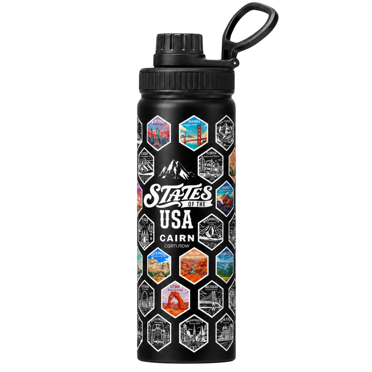 50 States bucket list water bottle in black with state stickers