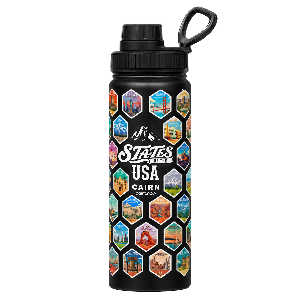 50 States bucket list water bottle in black with state stickers