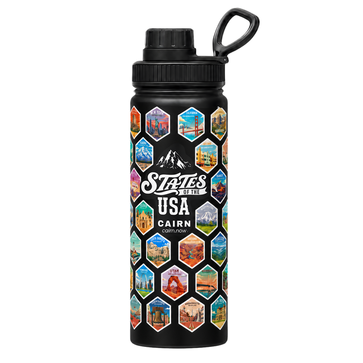 50 States bucket list water bottle in black with state stickers