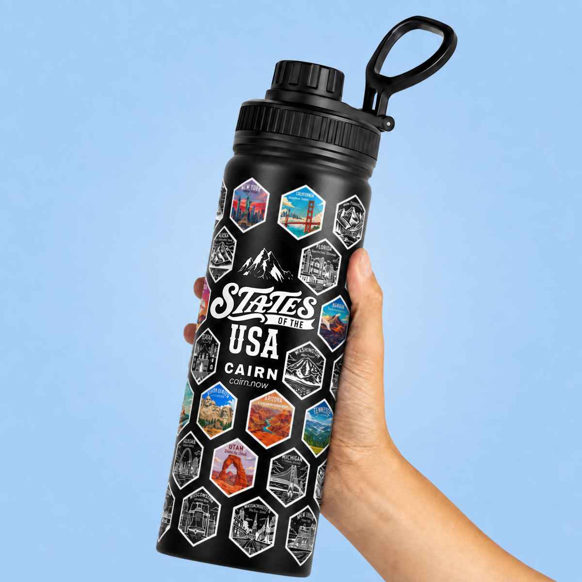 50 States bucket list water bottle in black with state stickers