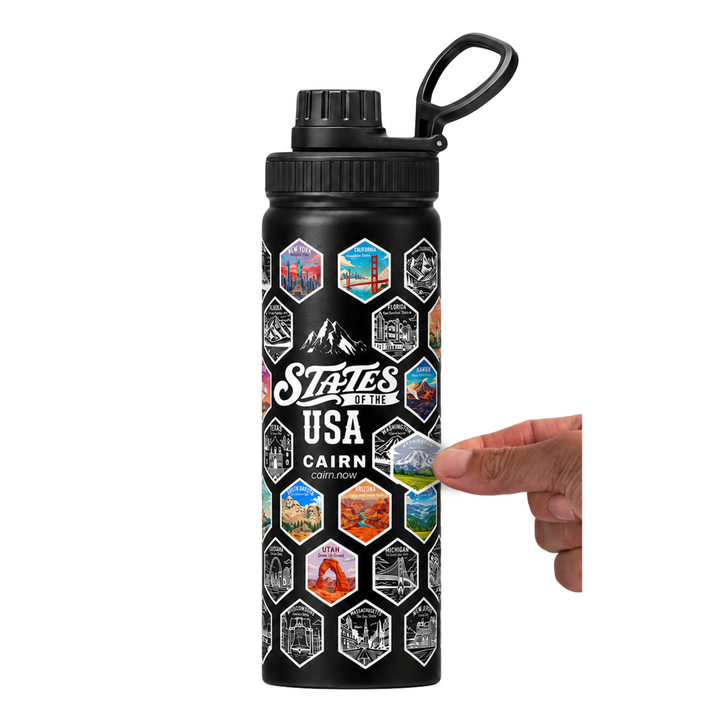 50 States bucket list water bottle in black with state stickers