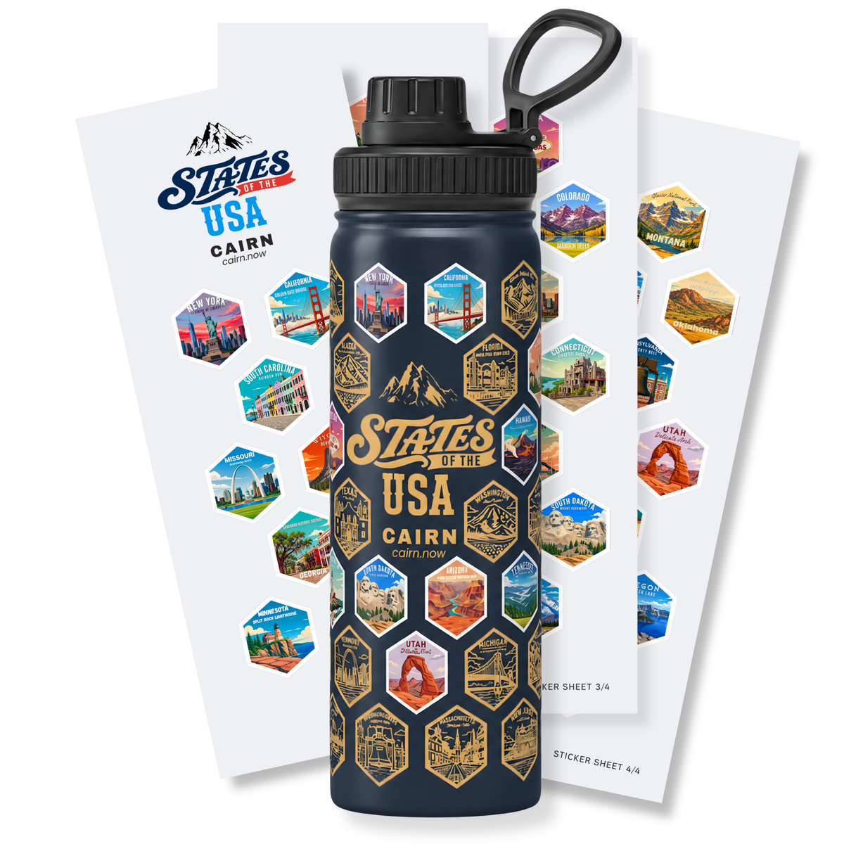 50 States bucket list water bottle in navy with state stickers