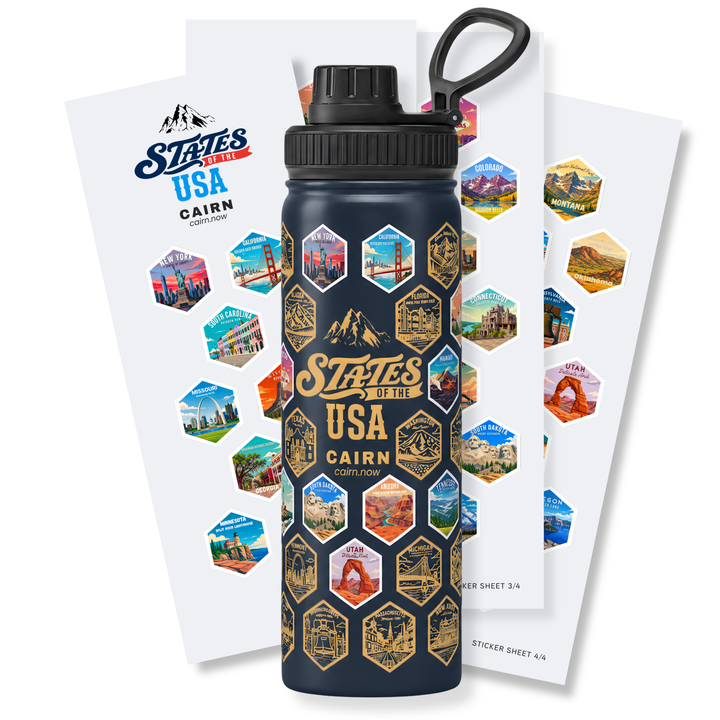50 States bucket list water bottle in navy with state stickers