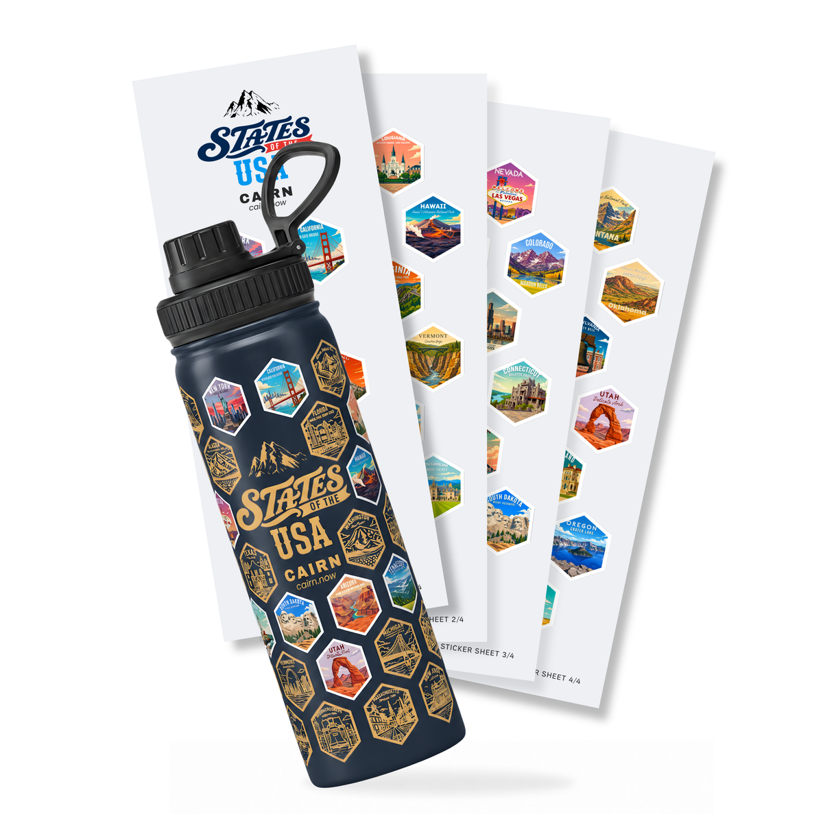 50 States bucket list water bottle in navy with state stickers