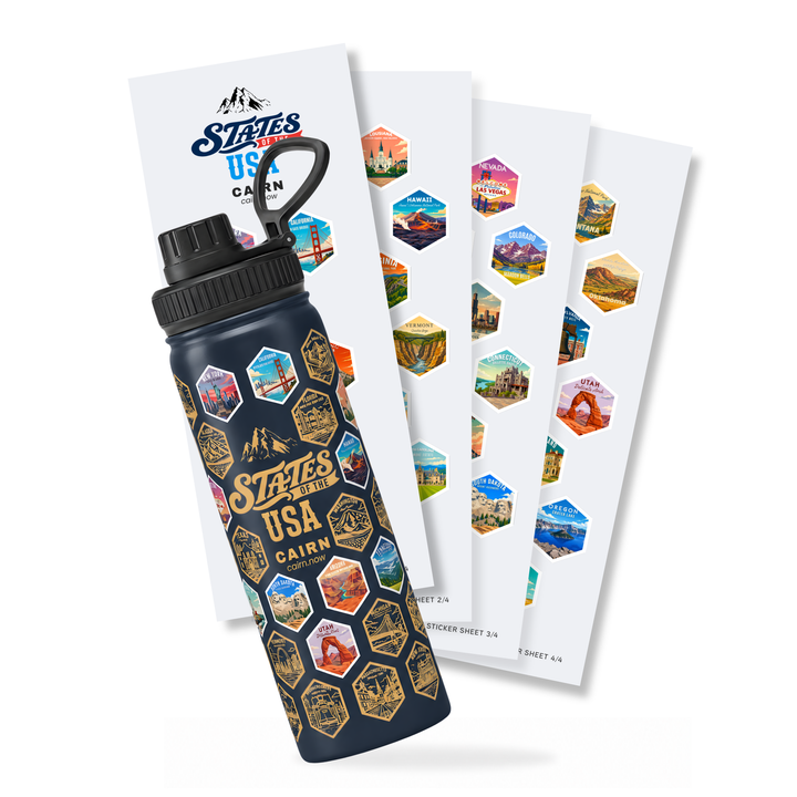 50 States bucket list water bottle in navy with state stickers
