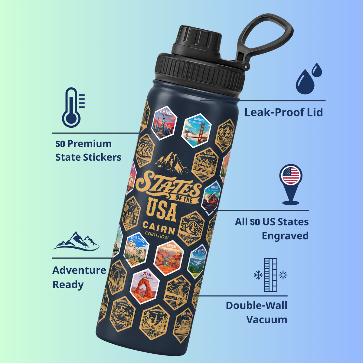 50 States bucket list water bottle in navy with state stickers