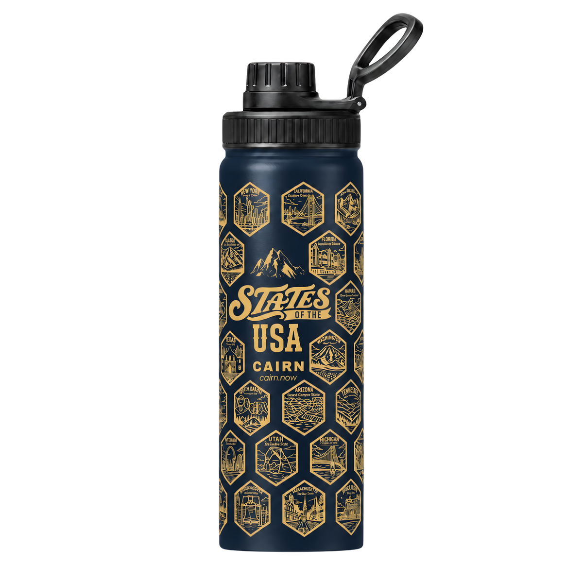 50 States bucket list water bottle in navy with state stickers