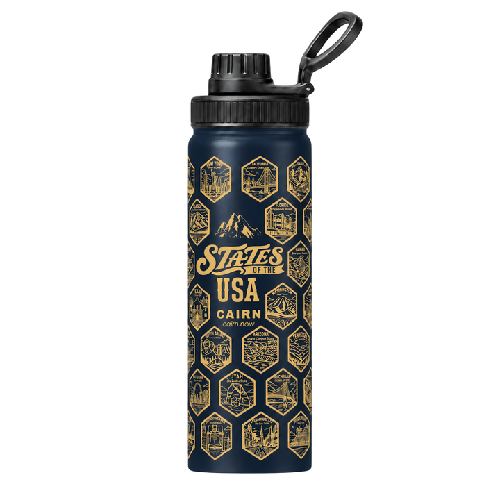 50 States bucket list water bottle in navy with state stickers
