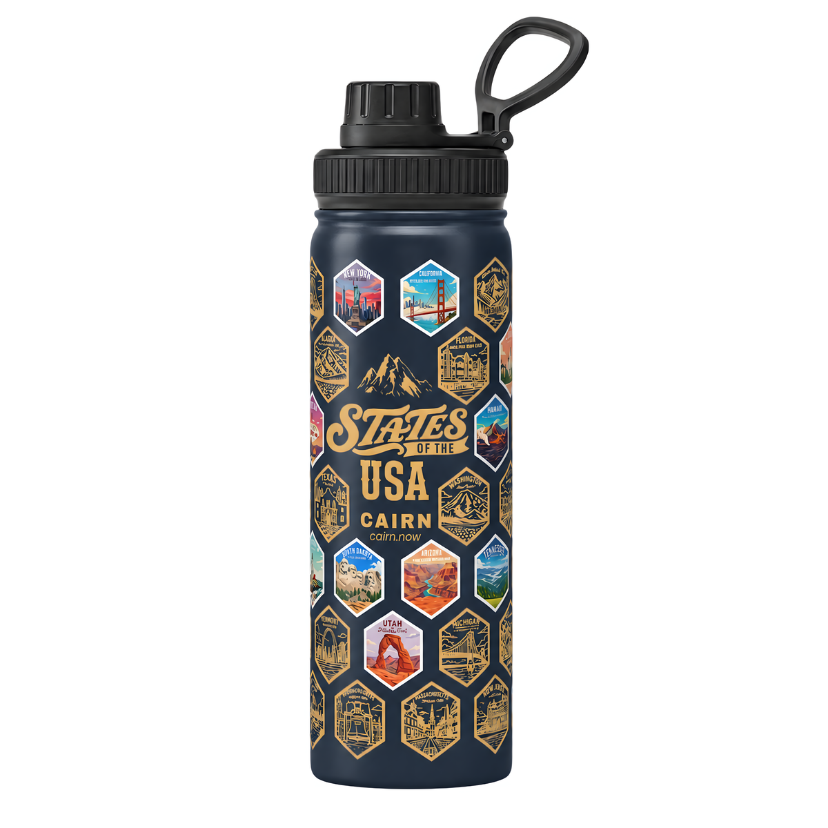 50 States bucket list water bottle in navy with state stickers
