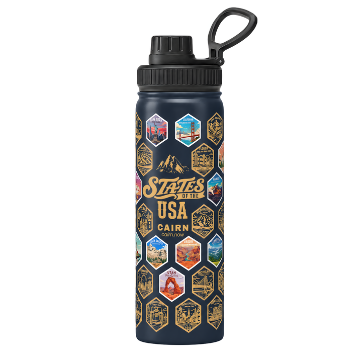 50 States bucket list water bottle in navy with state stickers