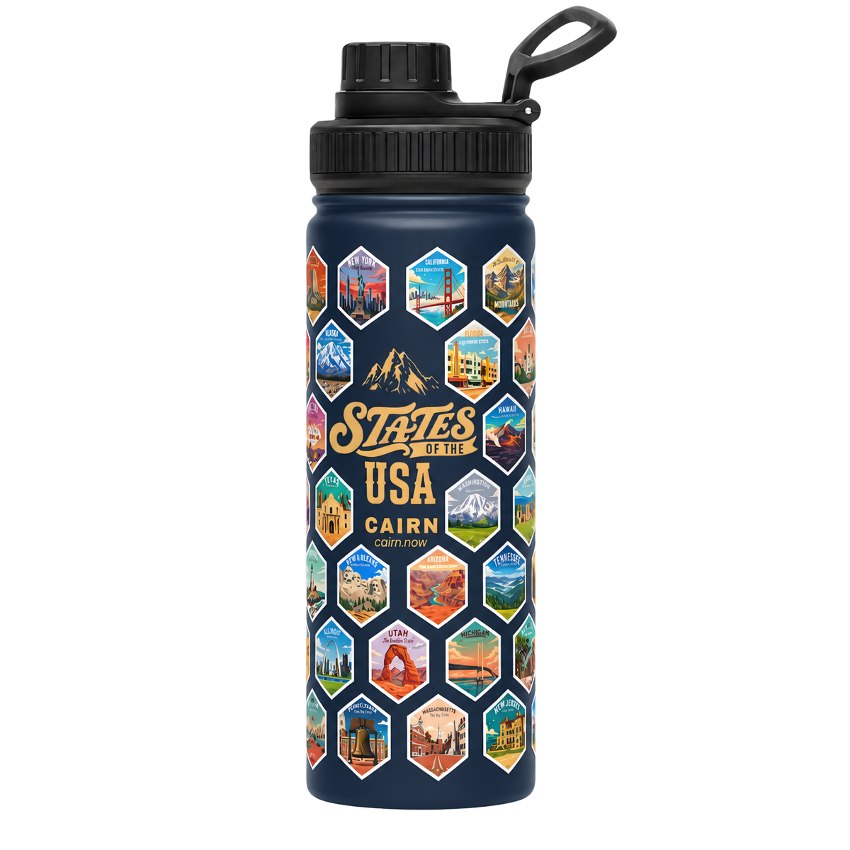 50 States bucket list water bottle in navy with state stickers