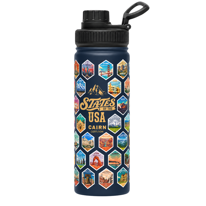 50 States bucket list water bottle in navy with state stickers