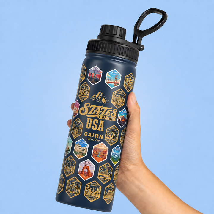 50 States bucket list water bottle in navy with state stickers
