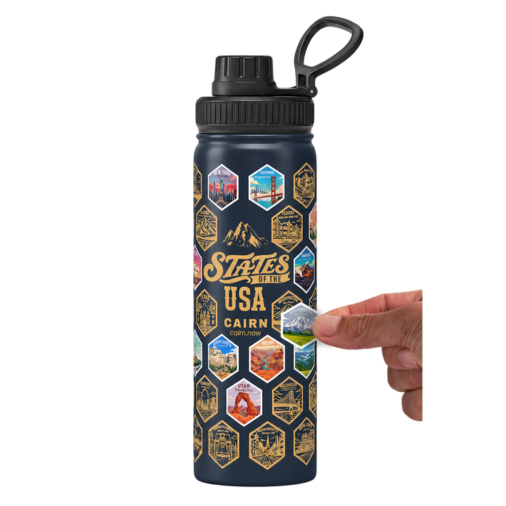 50 States bucket list water bottle in navy with state stickers