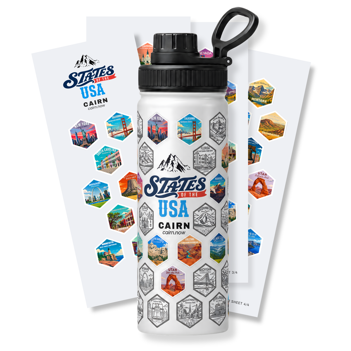 50 States bucket list water bottle in white with state stickers