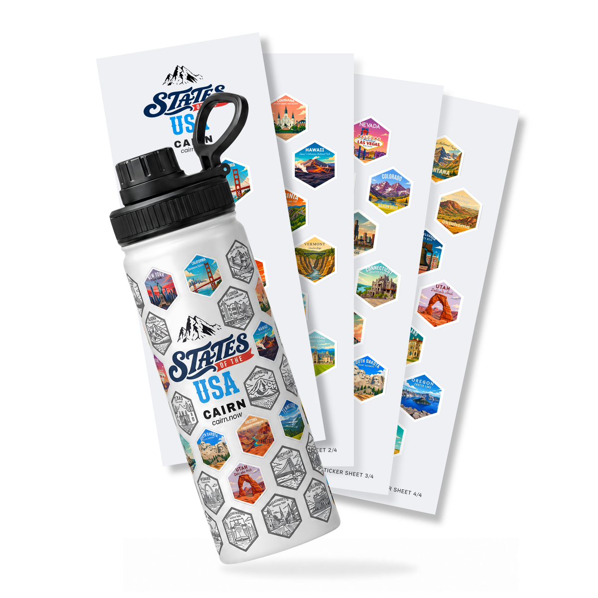 50 States bucket list water bottle in white with state stickers