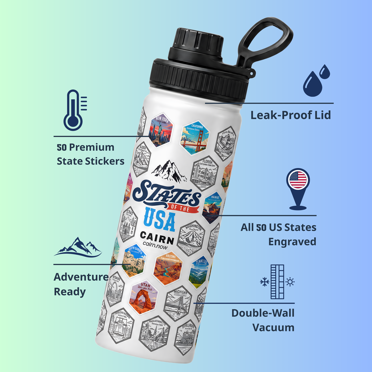 50 States bucket list water bottle in white with state stickers