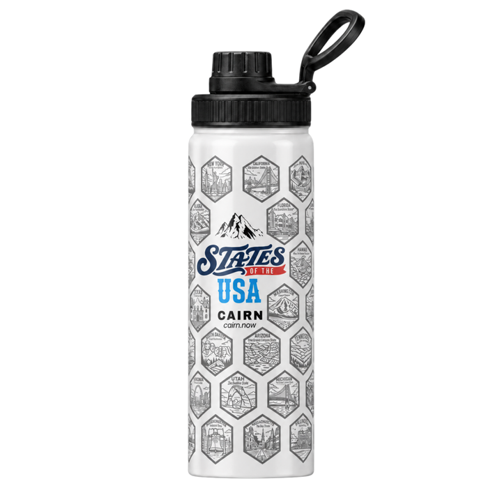 50 States bucket list water bottle in white with state stickers