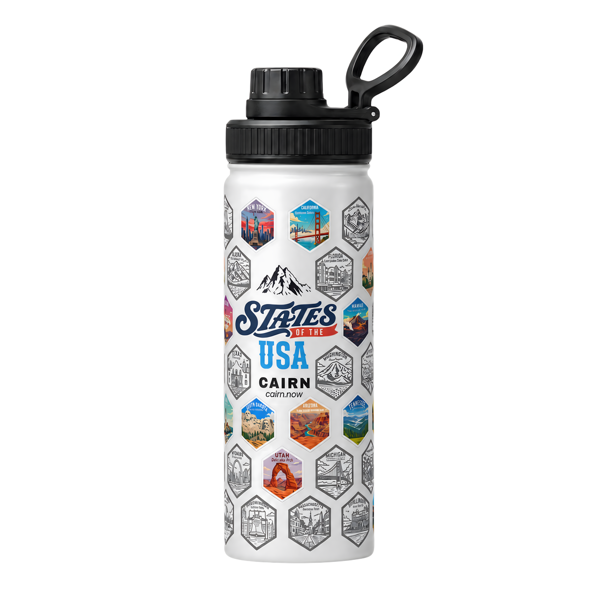 50 States bucket list water bottle in white with state stickers