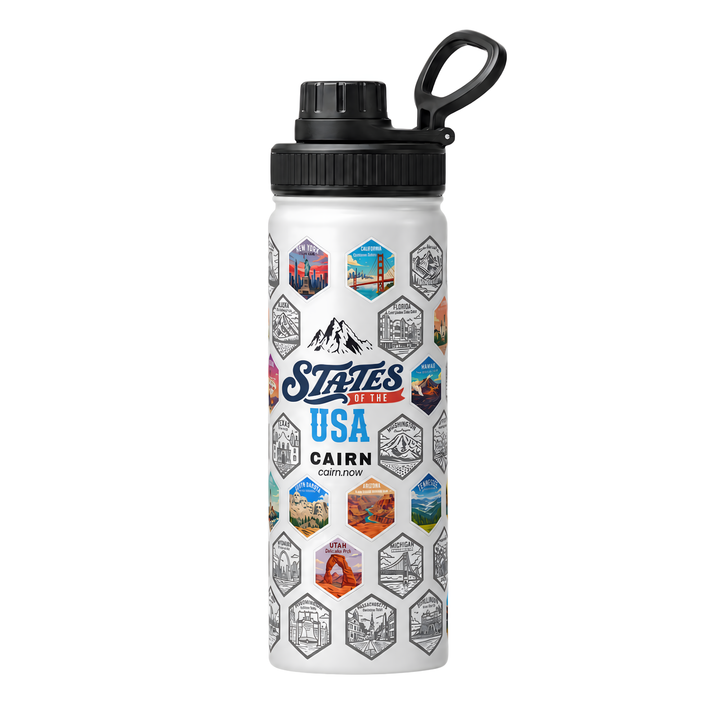 50 States bucket list water bottle in white with state stickers