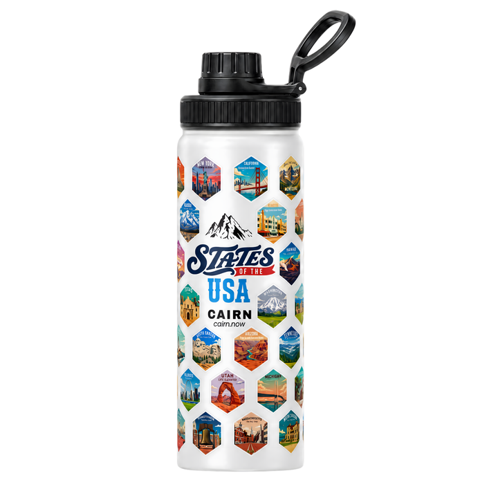 50 States bucket list water bottle in white with state stickers