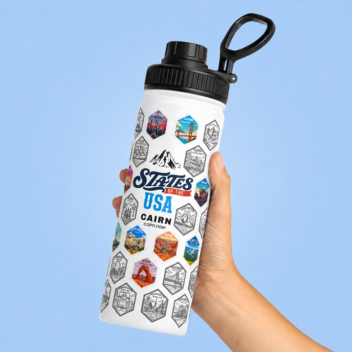 50 States bucket list water bottle in white with state stickers