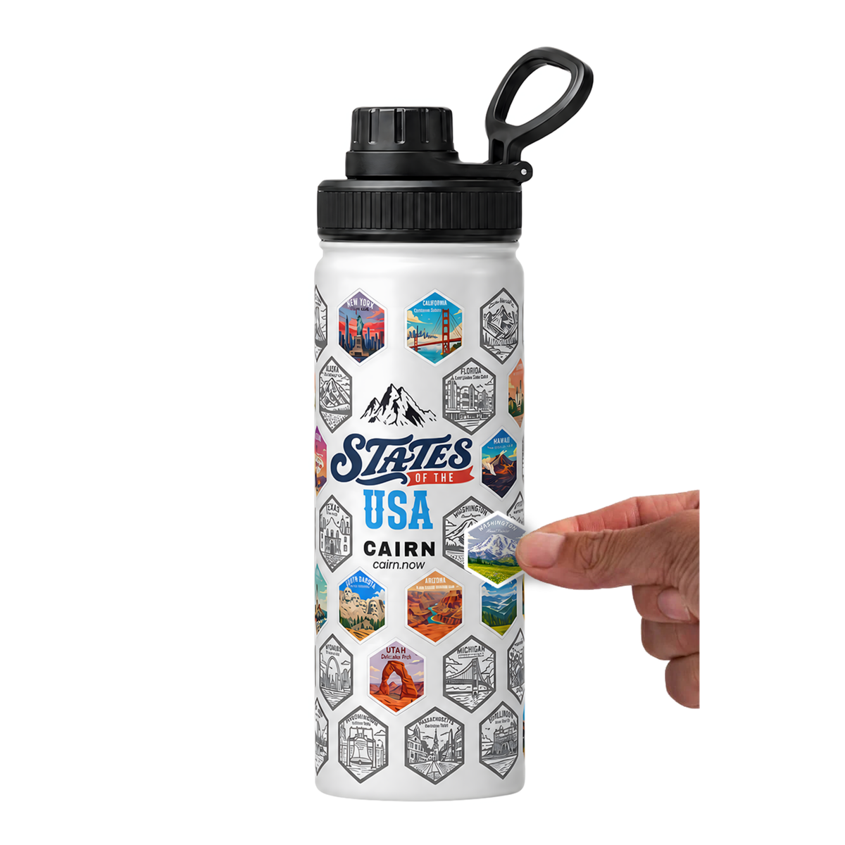 50 States bucket list water bottle in white with state stickers