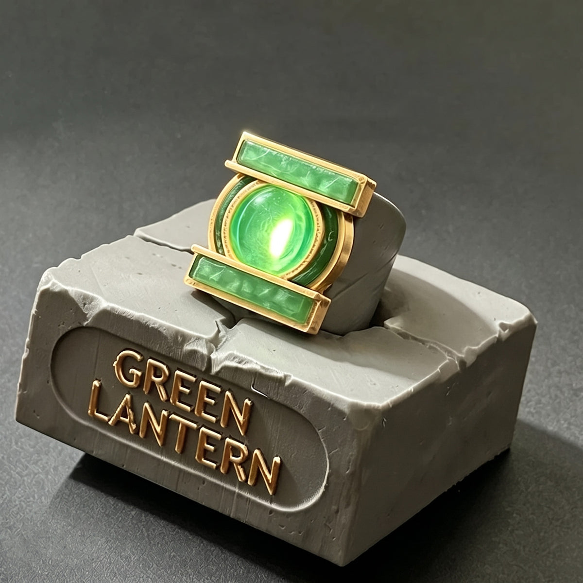 TV-style glowing green ring with matching gold-lettered display stand