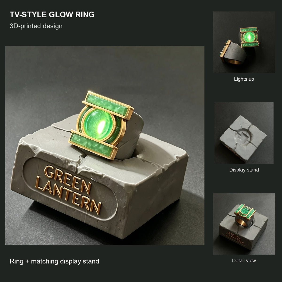 TV-style ring features: 3D-printed design, lights up, and matching display stand