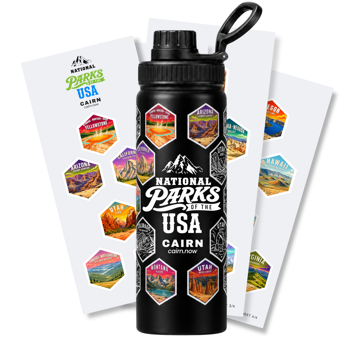 National Parks bucket list water bottle in black with park stickers
