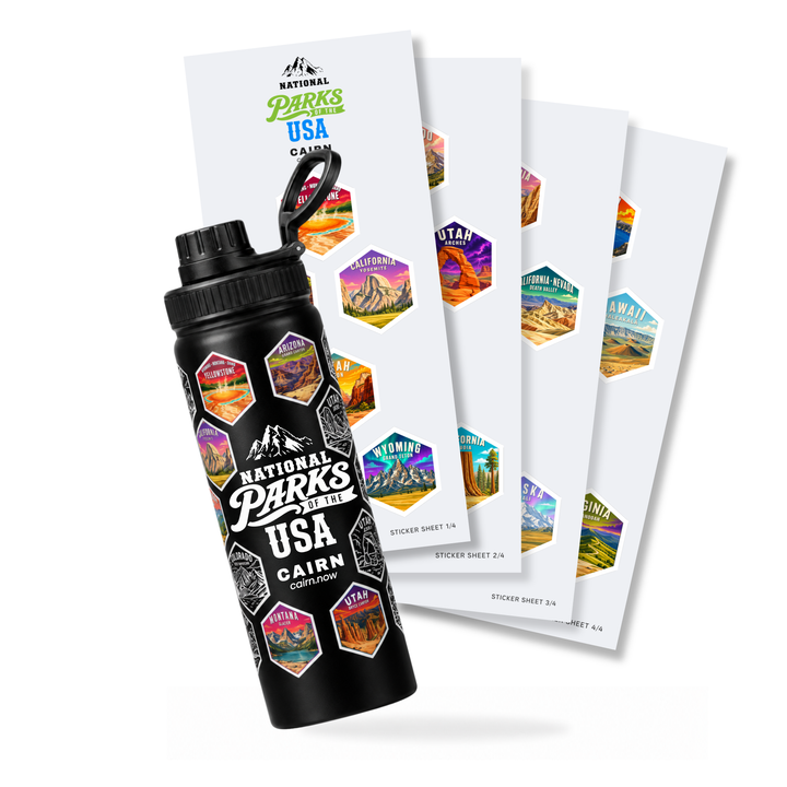 National Parks bucket list water bottle in black with park stickers