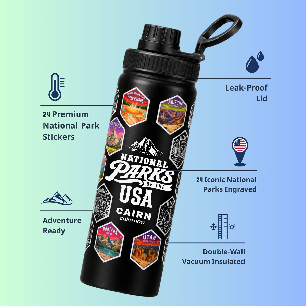 National Parks bucket list water bottle in black with park stickers