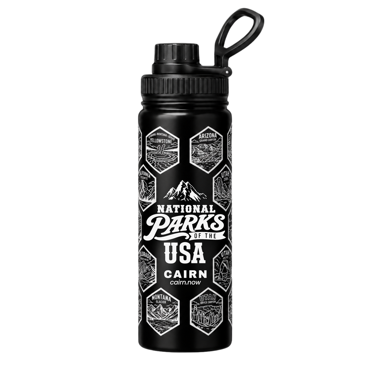 National Parks bucket list water bottle in black with park stickers