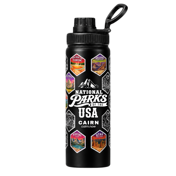 National Parks bucket list water bottle in black with park stickers
