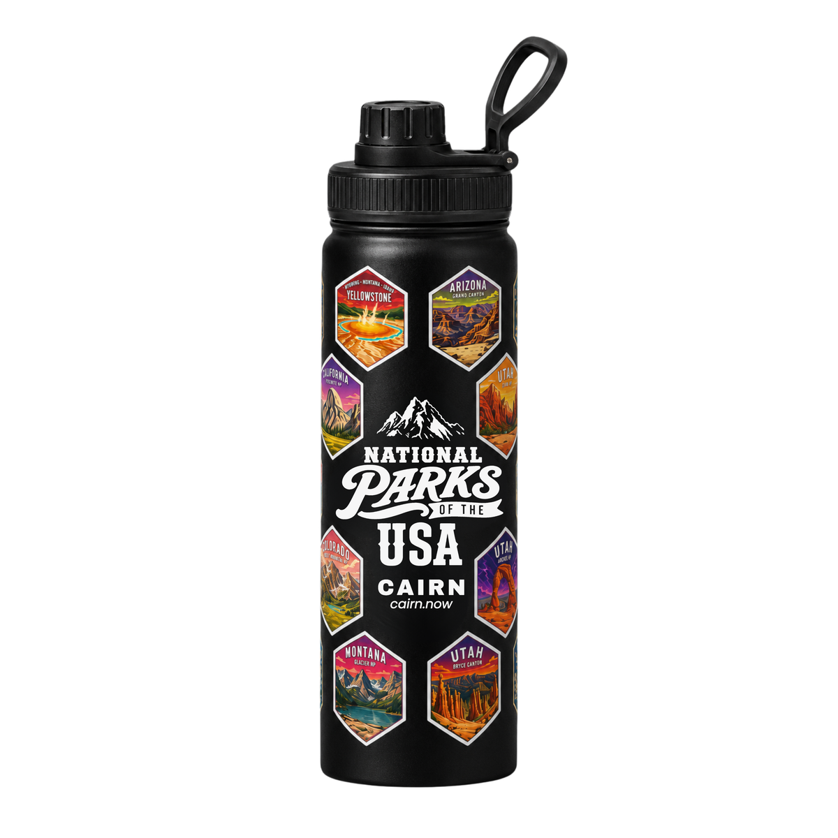 National Parks bucket list water bottle in black with park stickers