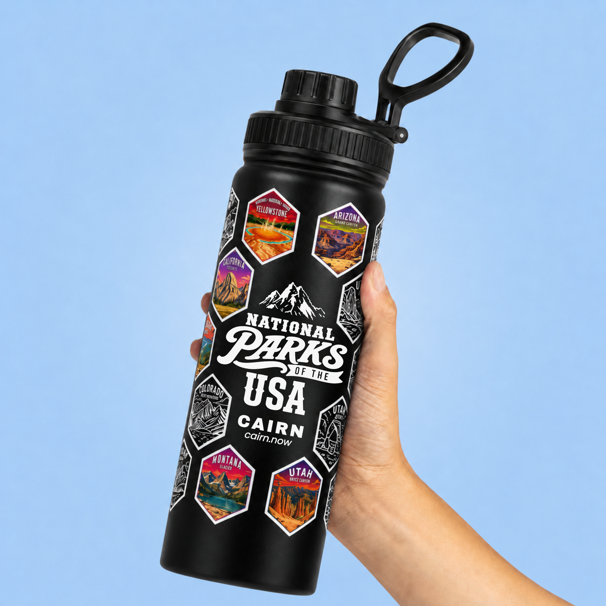 National Parks bucket list water bottle in black with park stickers