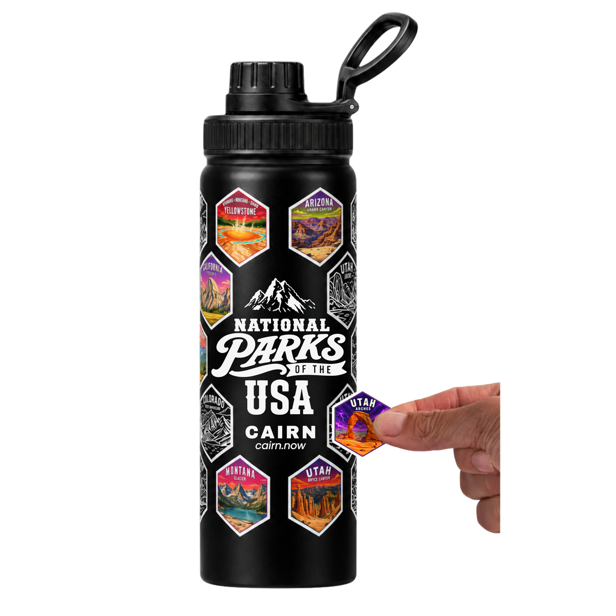 National Parks bucket list water bottle in black with park stickers