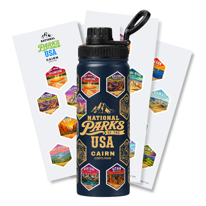 National Parks bucket list water bottle in navy with park stickers
