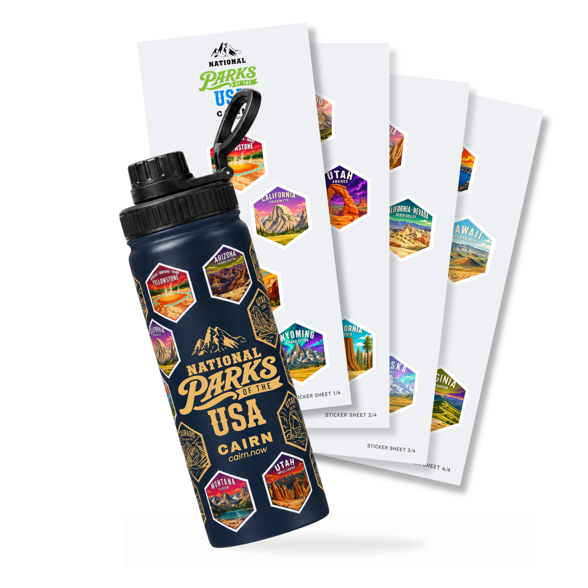 National Parks bucket list water bottle in navy with park stickers