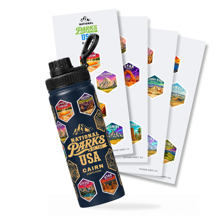 National Parks bucket list water bottle in navy with park stickers
