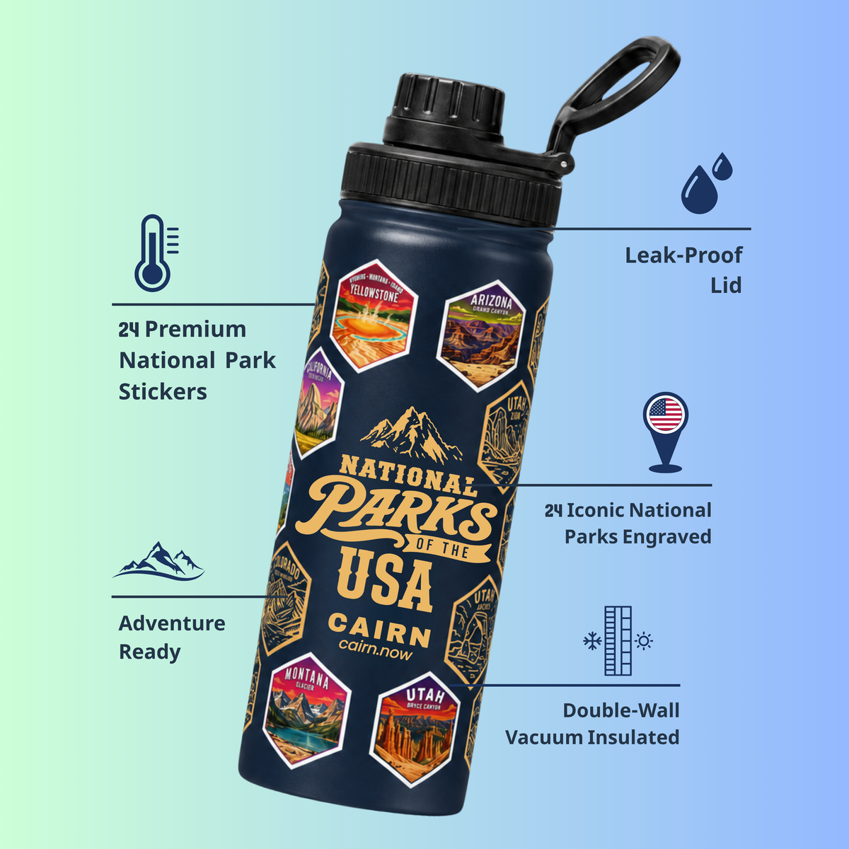 National Parks bucket list water bottle in navy with park stickers