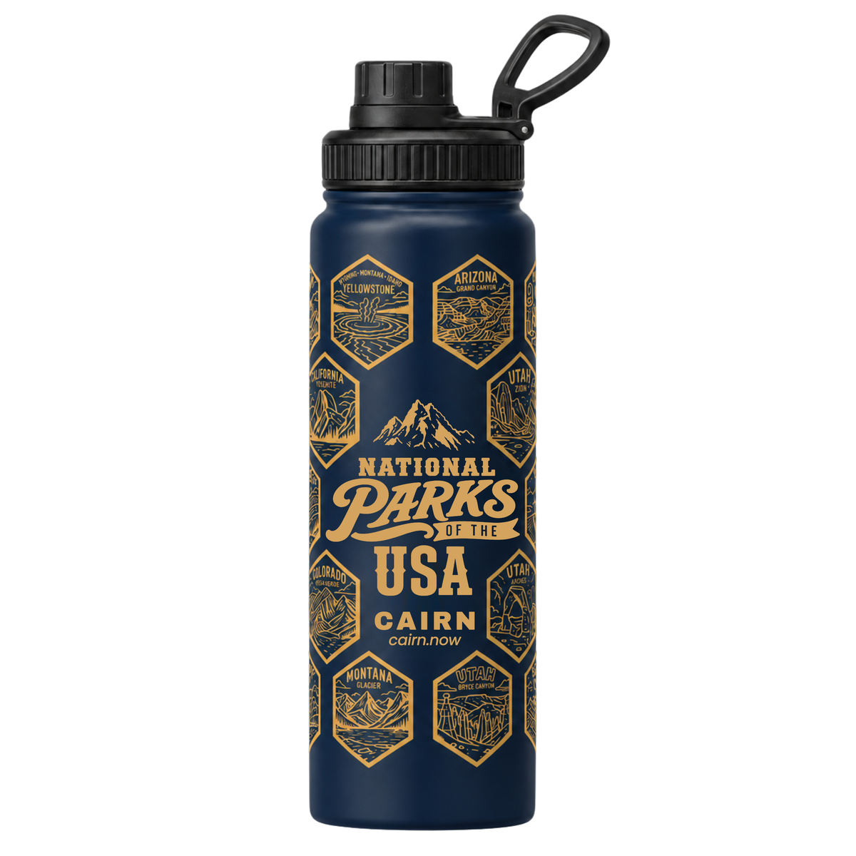National Parks bucket list water bottle in navy with park stickers