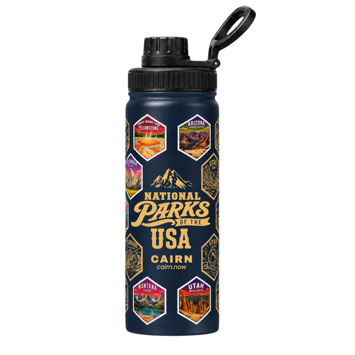 National Parks bucket list water bottle in navy with park stickers