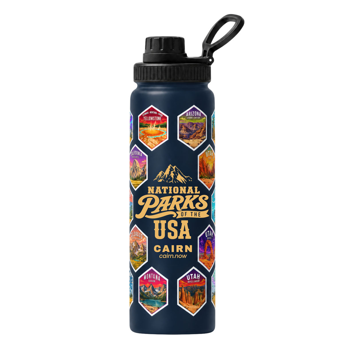 National Parks bucket list water bottle in navy with park stickers