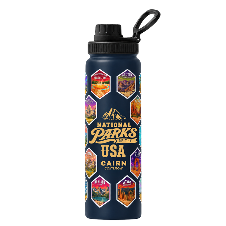 National Parks bucket list water bottle in navy with park stickers